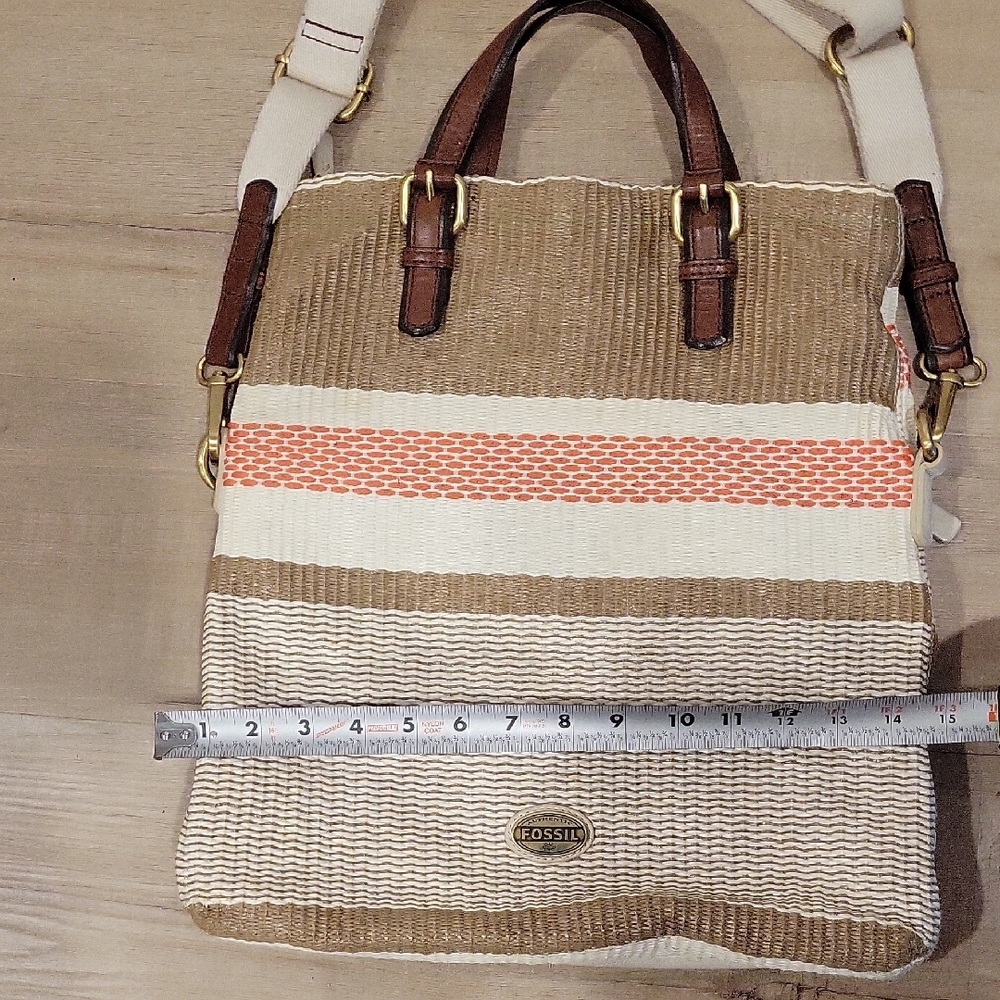 Fossil Tan, Cream & Coral Woven Tote with Brown Leather Trim - Picture 8 of 12